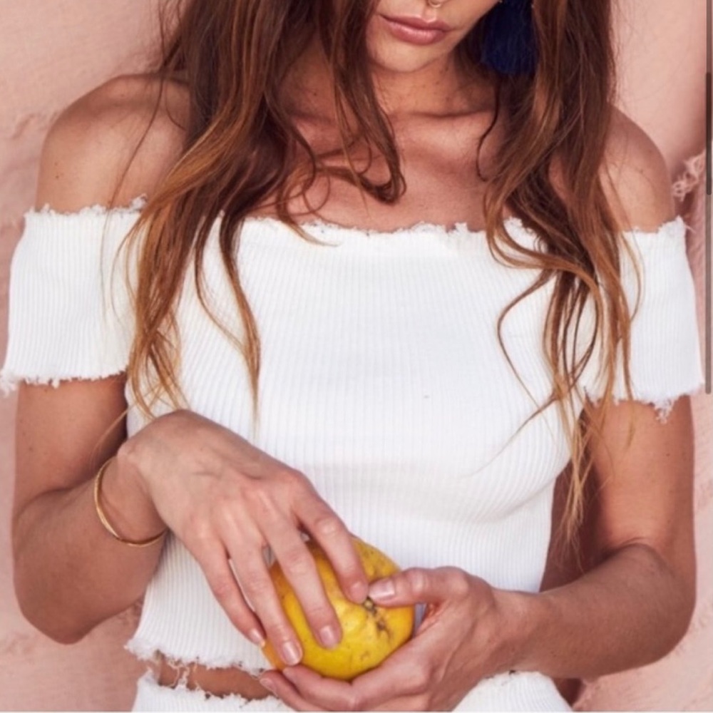 Sage the Label | Distressed Ribbed White Off the Shoulder Crop Top
